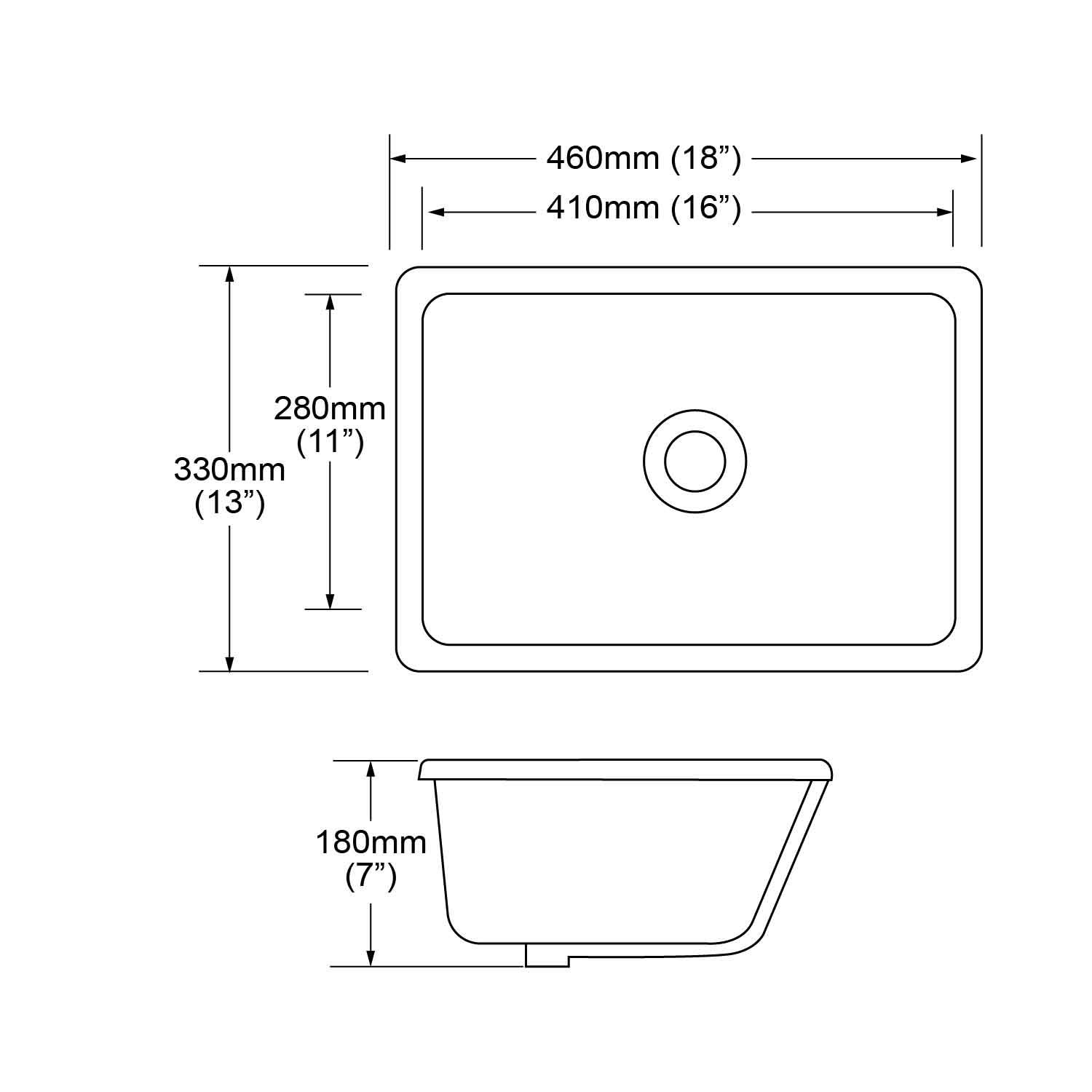 specification of MU-2118R, 18-inch white porcelain rectangle bathroom undermount sink